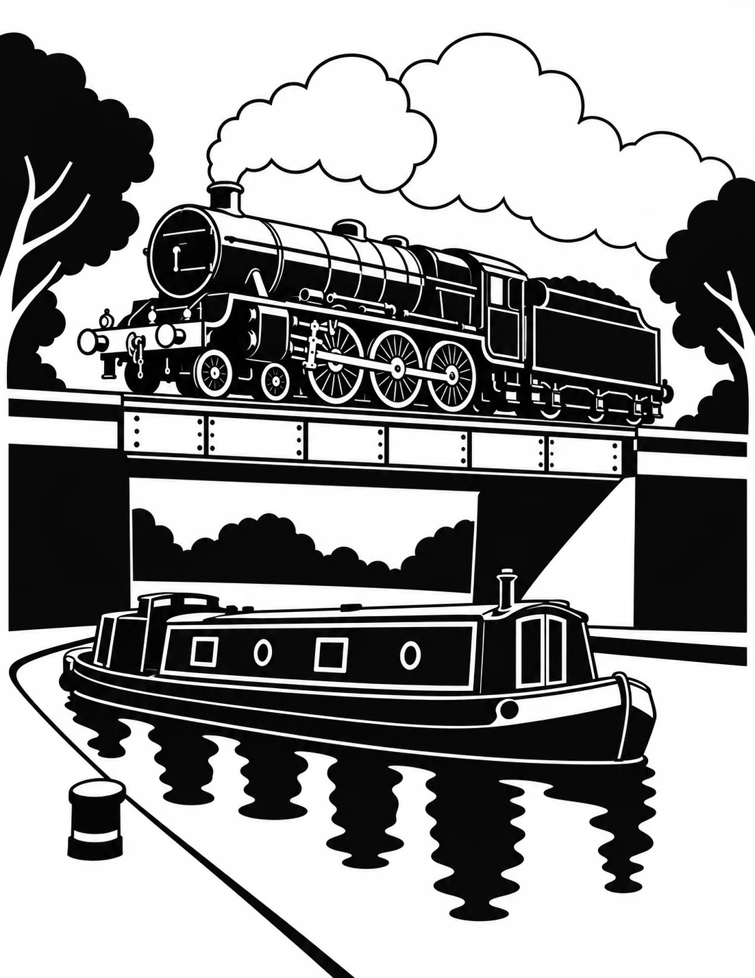 Monochrome illustration of a narrowboat beneath a railway bridge