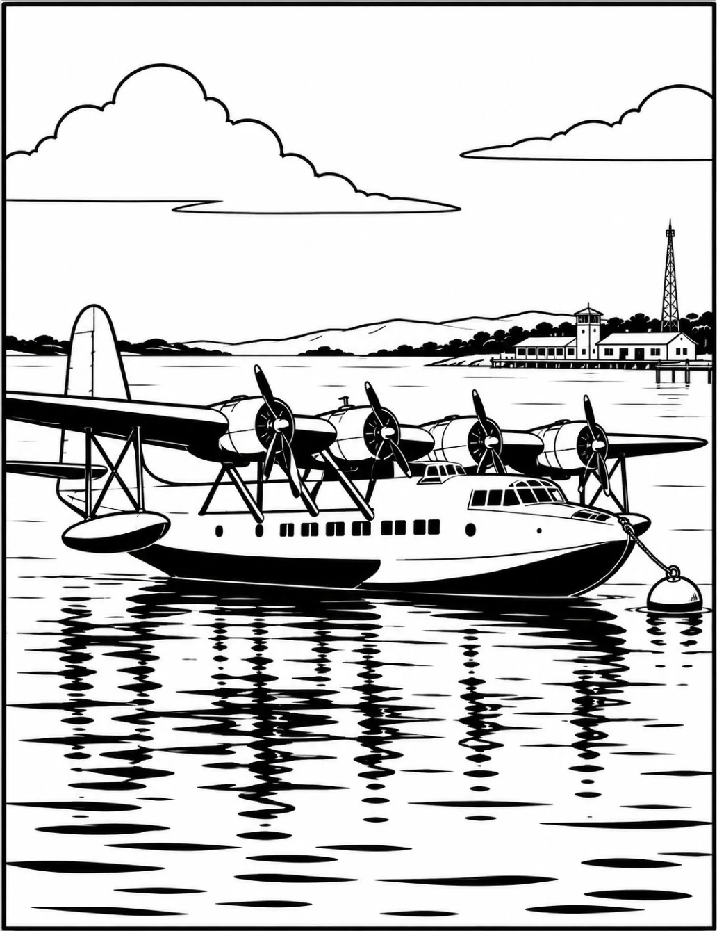 Completed black and white artwork: Vintage Flying Boat Harbor Scene
