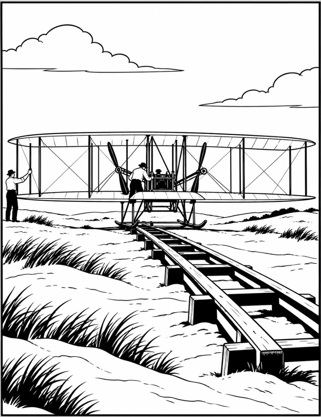 Completed black and white artwork: Wright Flyer Over Sandy Dunes