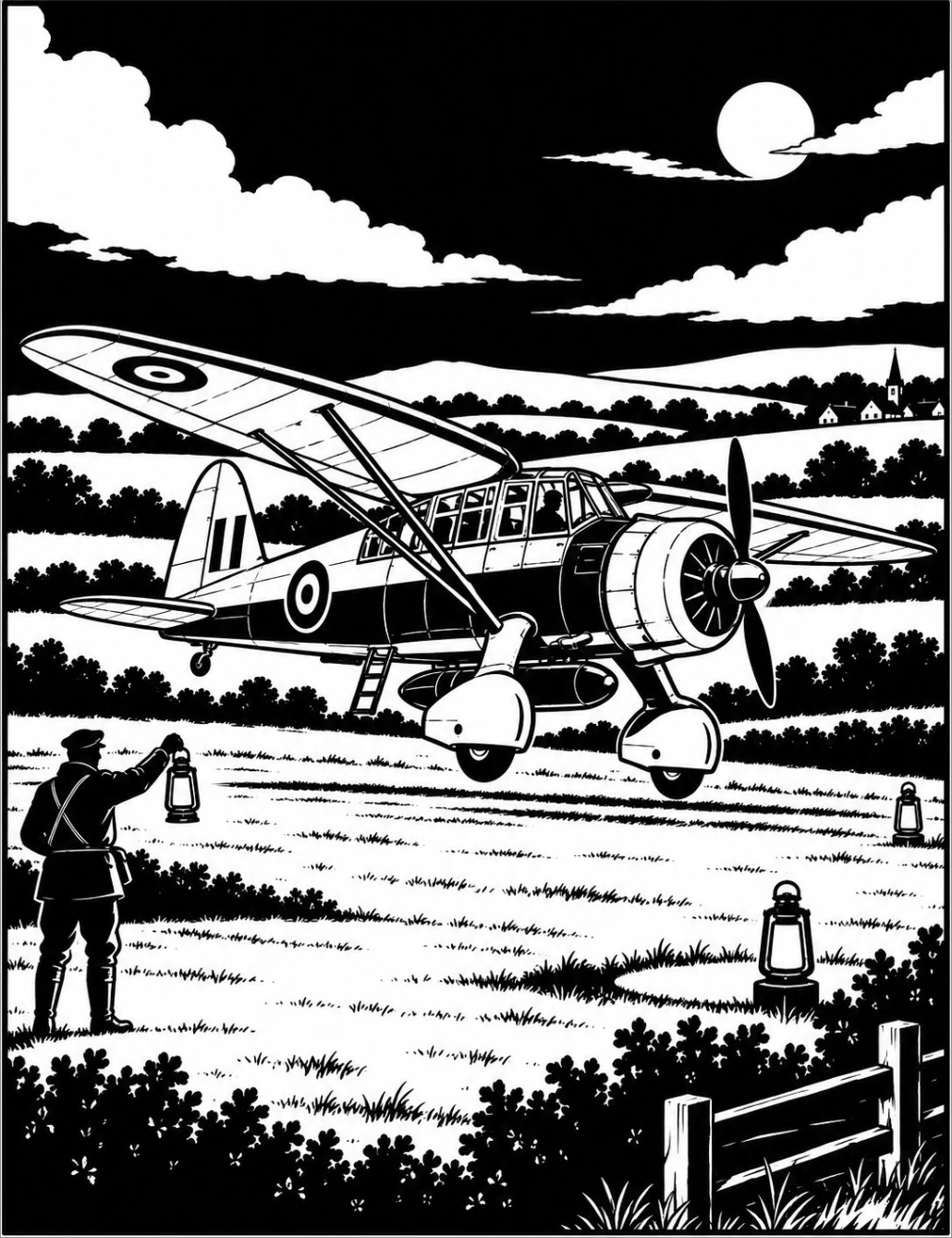 Completed black and white artwork: Moonlit Lysander Landing Strip