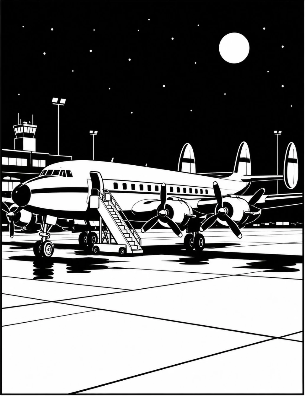 Completed black and white artwork: Constellation Over the Midnight Tarmac