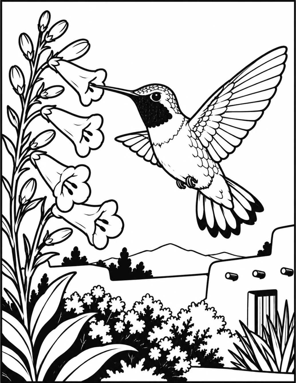 Completed black and white artwork: Southwestern Hummingbird Courtyard