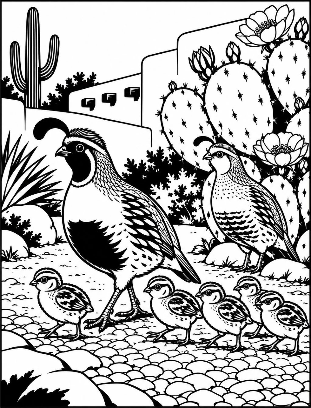 Completed black and white artwork: Gambel's Quail Family Desert Garden