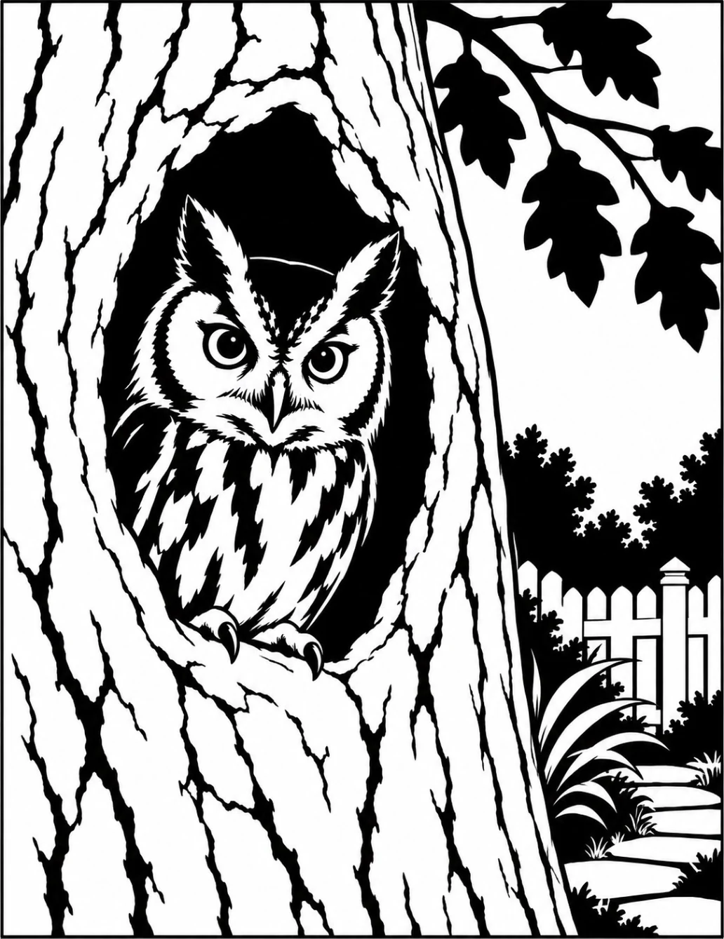Completed black and white artwork: Owl in a Tree Hollow