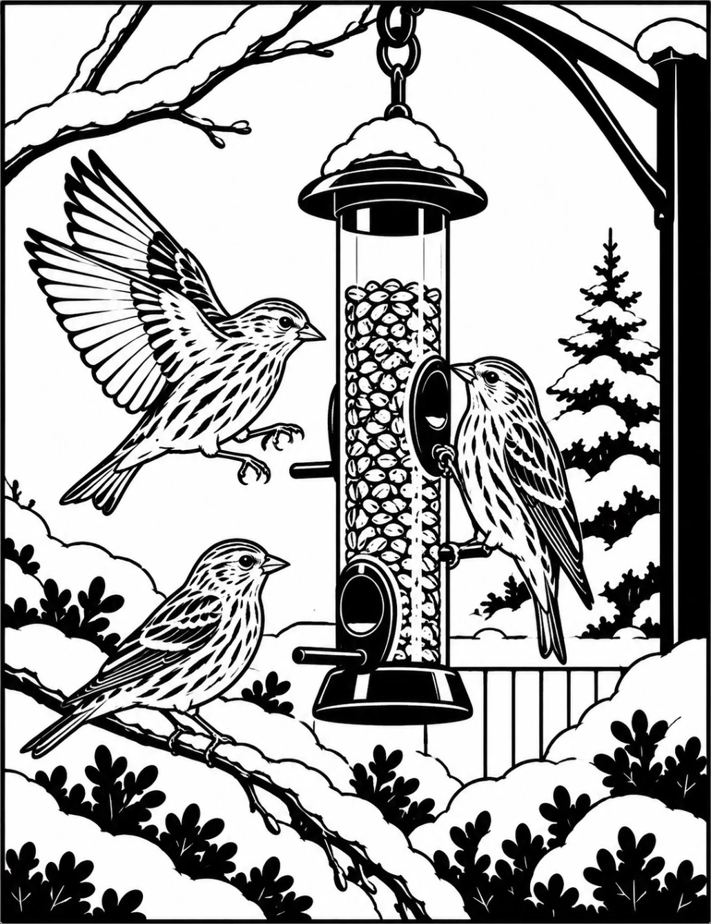 Completed black and white artwork: Winter Songbirds at the Feeder