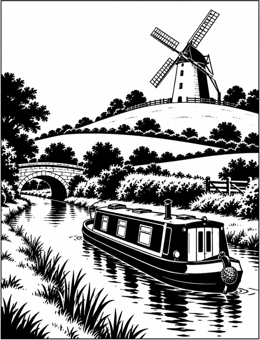 Completed black and white artwork: Canal Journey Beneath the Windmill
