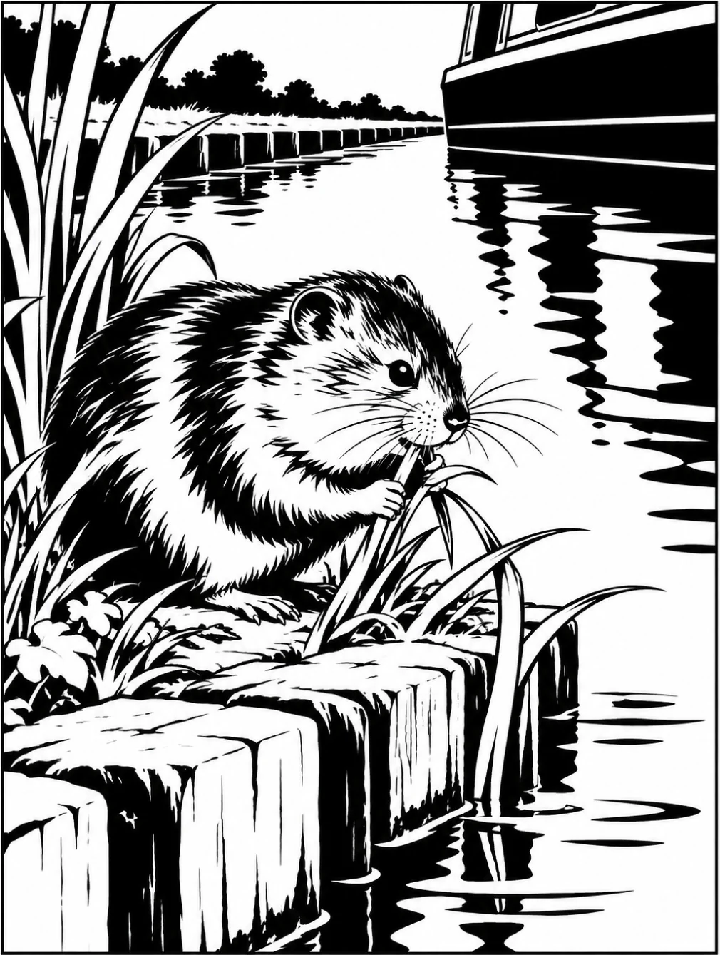 Completed black and white artwork: Water Vole by the Canal