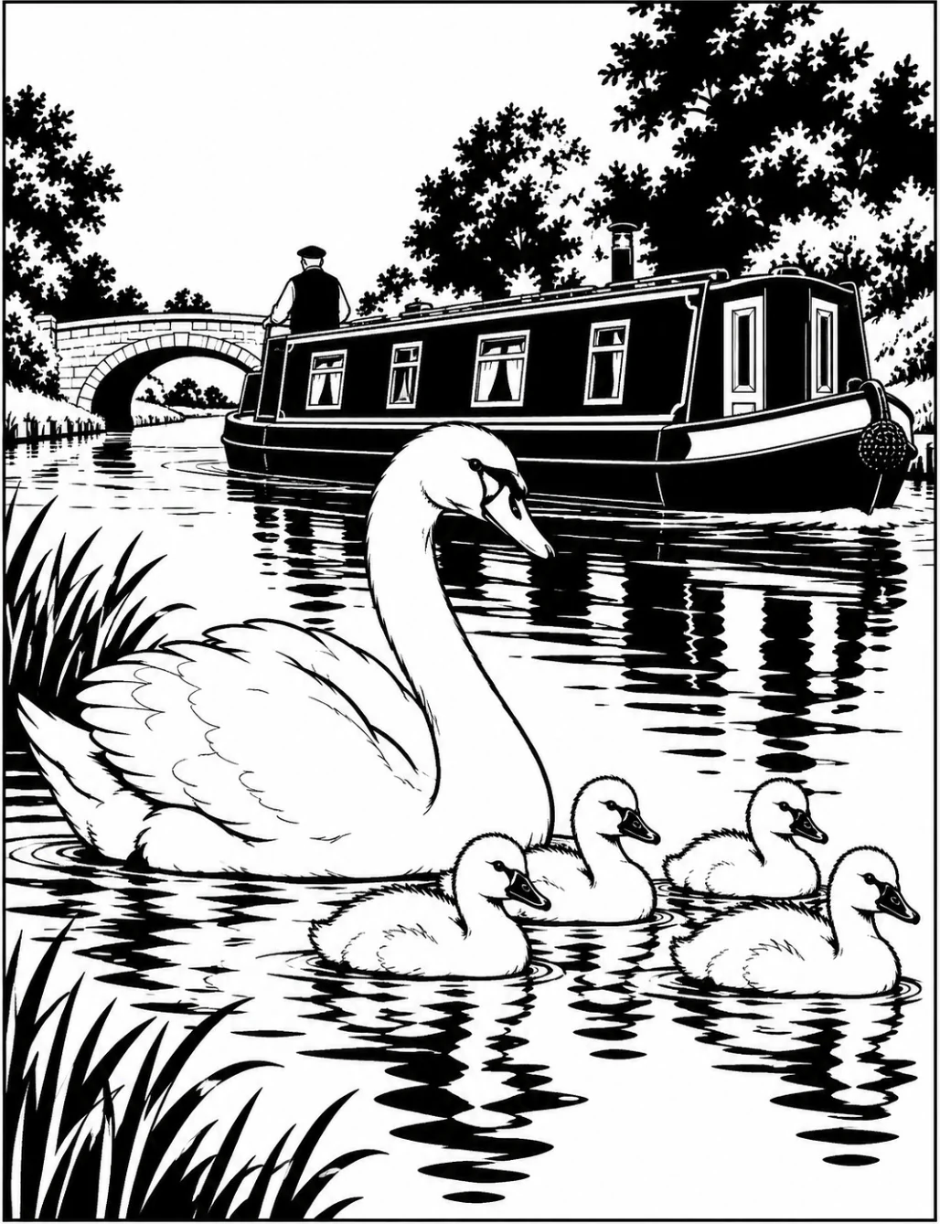 Completed black and white artwork: Swan Family by the Canal