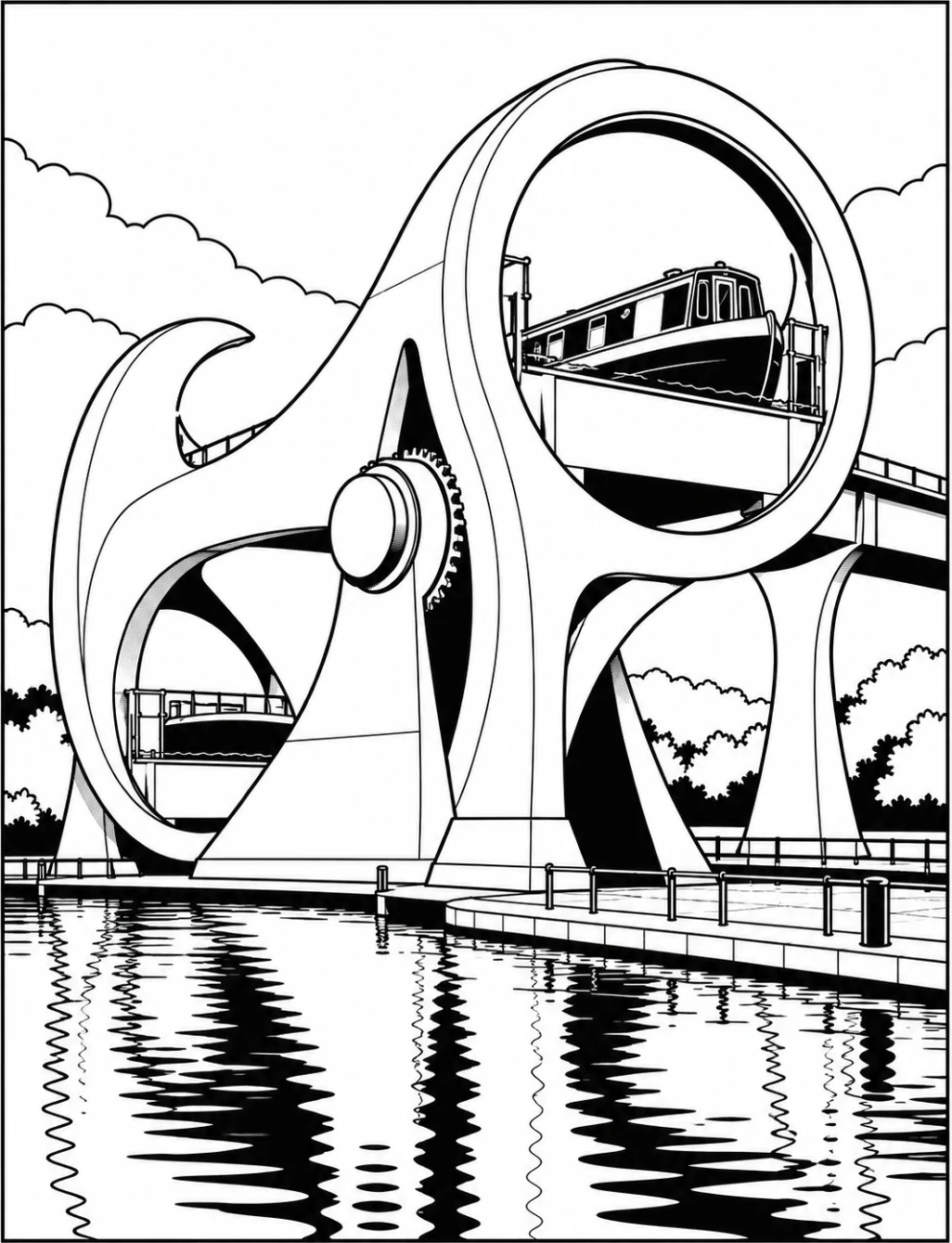 Completed black and white artwork: Falkirk Wheel Canal Reflections