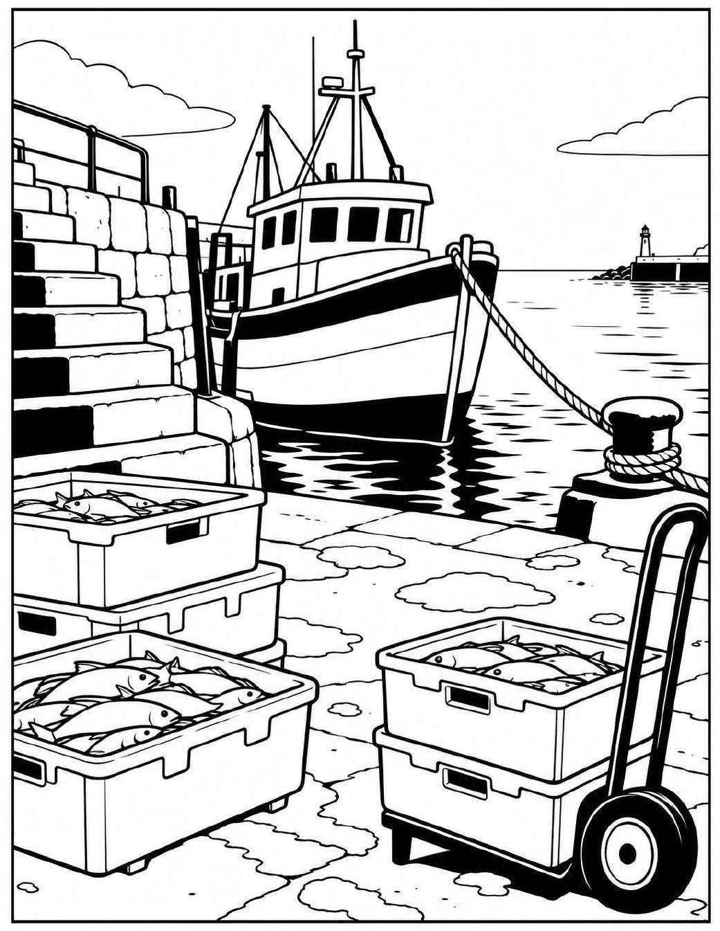 Completed black and white artwork: Fishing Quay with Boat and Lighthouse