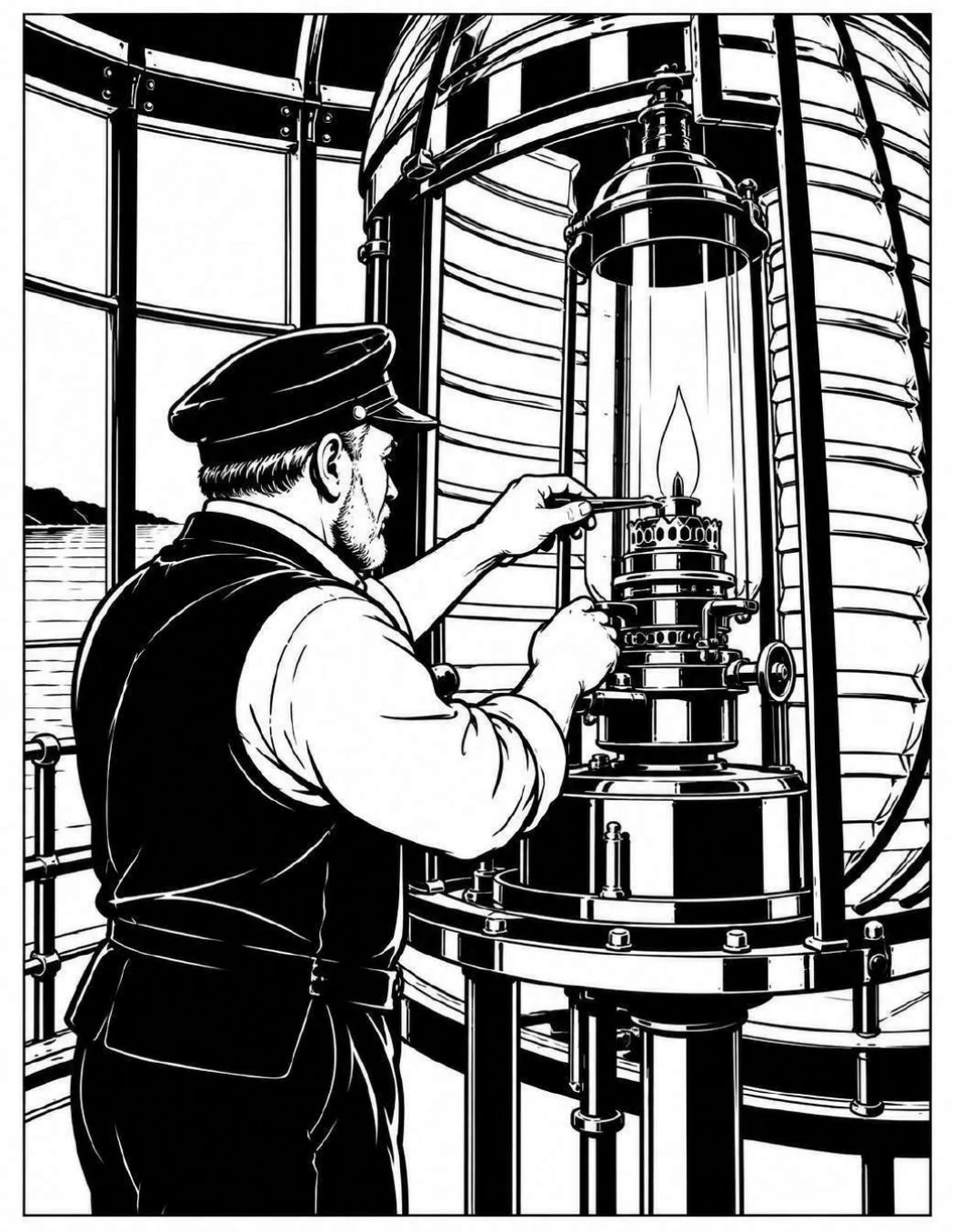 Completed black and white artwork: Lighthouse Keeper Tends the Lamp