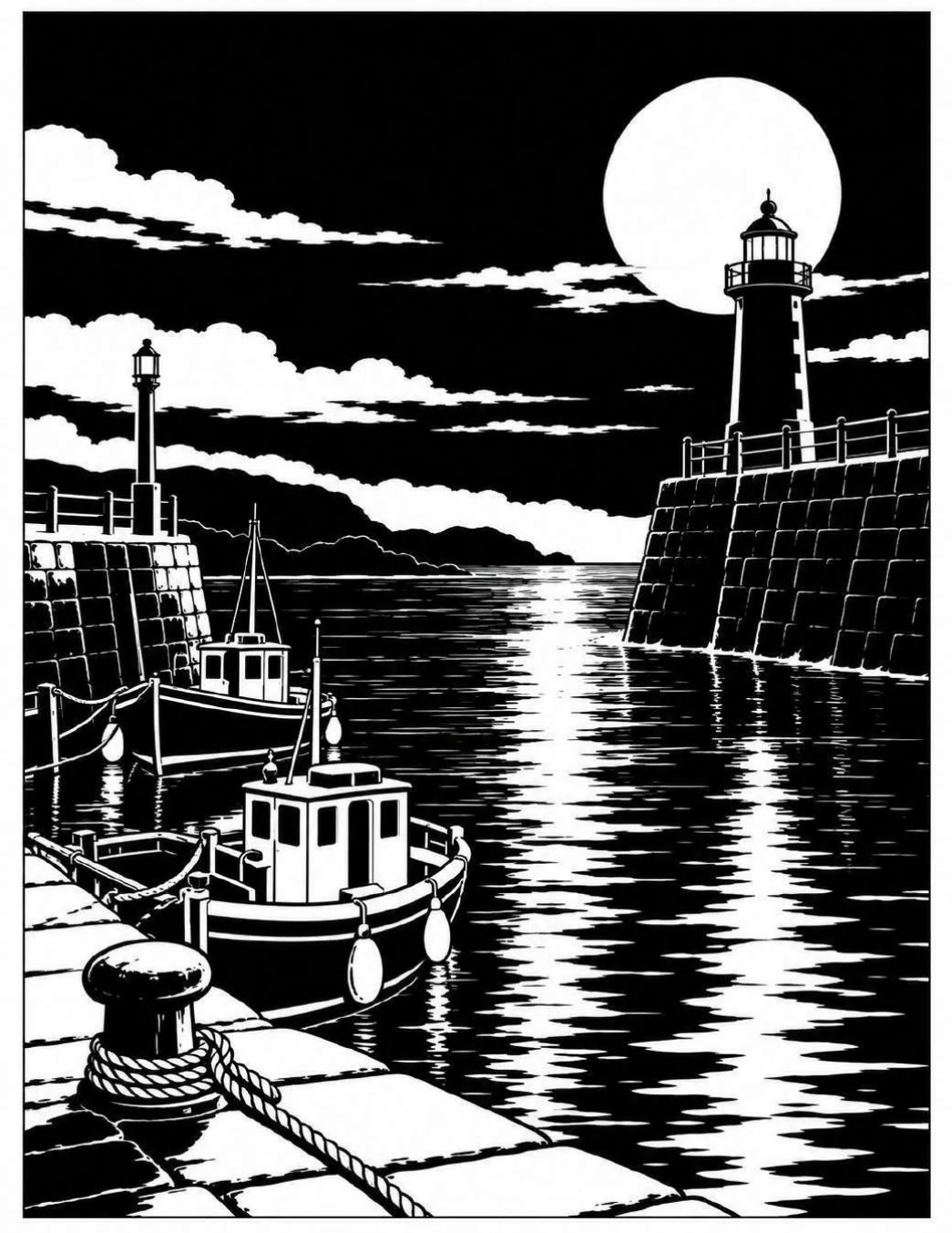 Completed black and white artwork: Moonlit Harbor Lighthouse