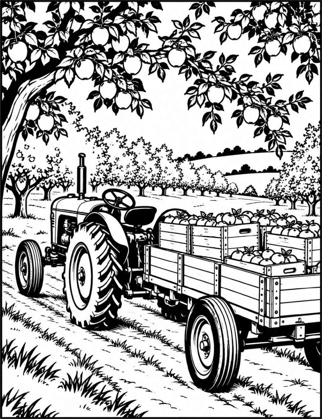 Completed black and white artwork: Vintage Orchard Harvest Tractor