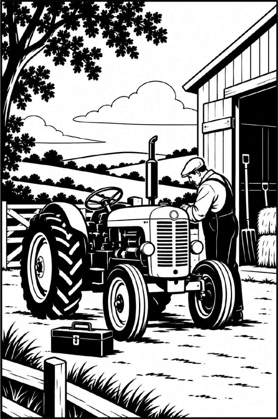 Completed black and white artwork: Vintage Tractor Repair by the Barn