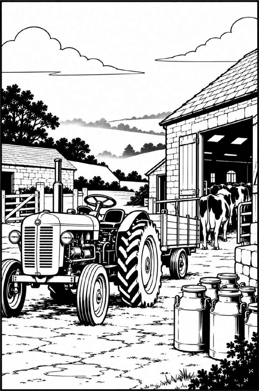 Completed black and white artwork: Morning Dairy Farmyard Scene
