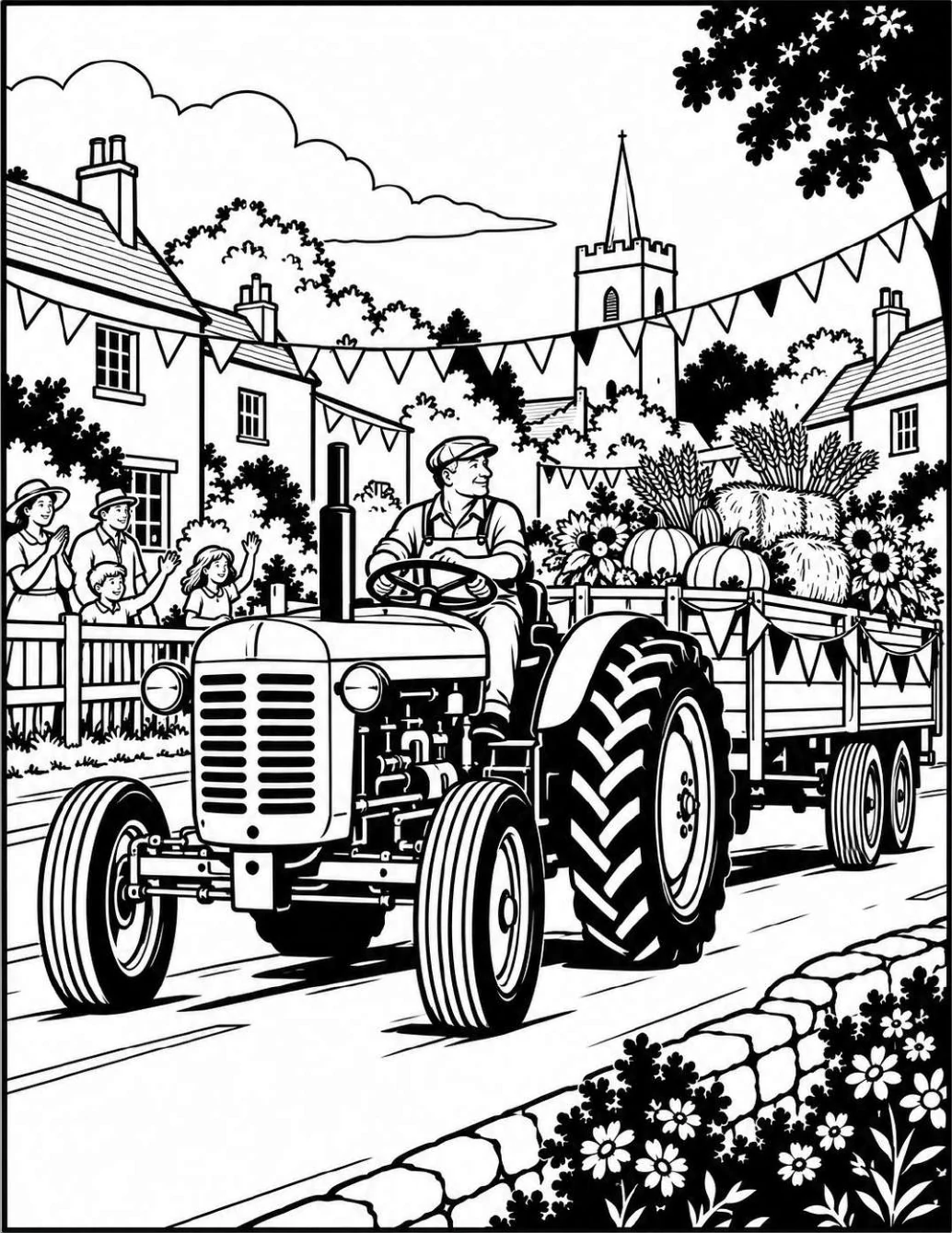 Completed black and white artwork: Village Harvest Parade