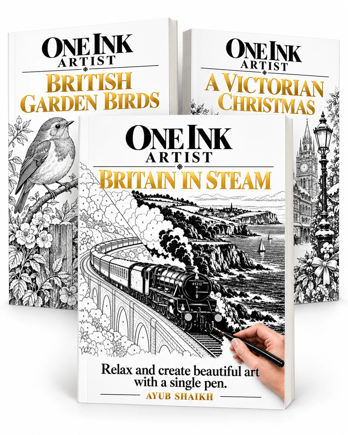 One Ink Artist collection with Britain in Steam at the front and preview covers for British Garden Birds and A Victorian Christmas behind