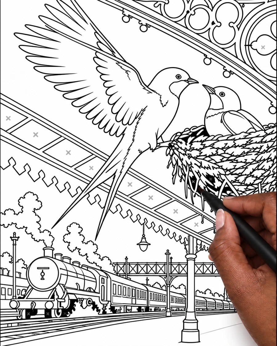 Swallows at the station: the same upright drawing partly filled with black ink, with a hand holding a pen