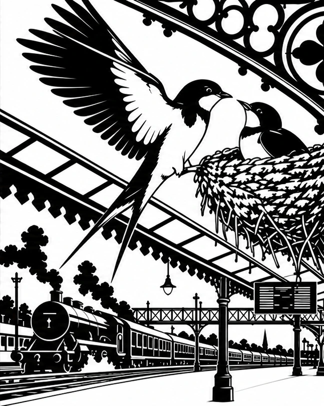 Swallows at the station: the matching finished black and white artwork without a hand