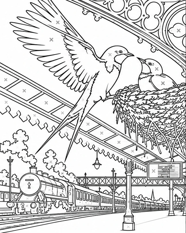 Swallows at the station: empty upright line drawing without a hand