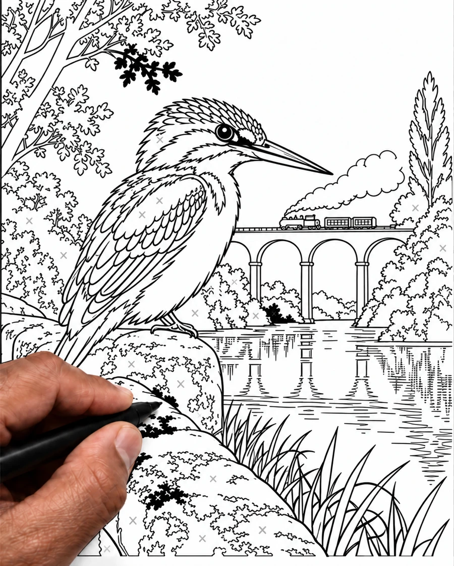 Kingfisher by the viaduct: the same upright drawing partly filled with black ink, with a hand holding a pen