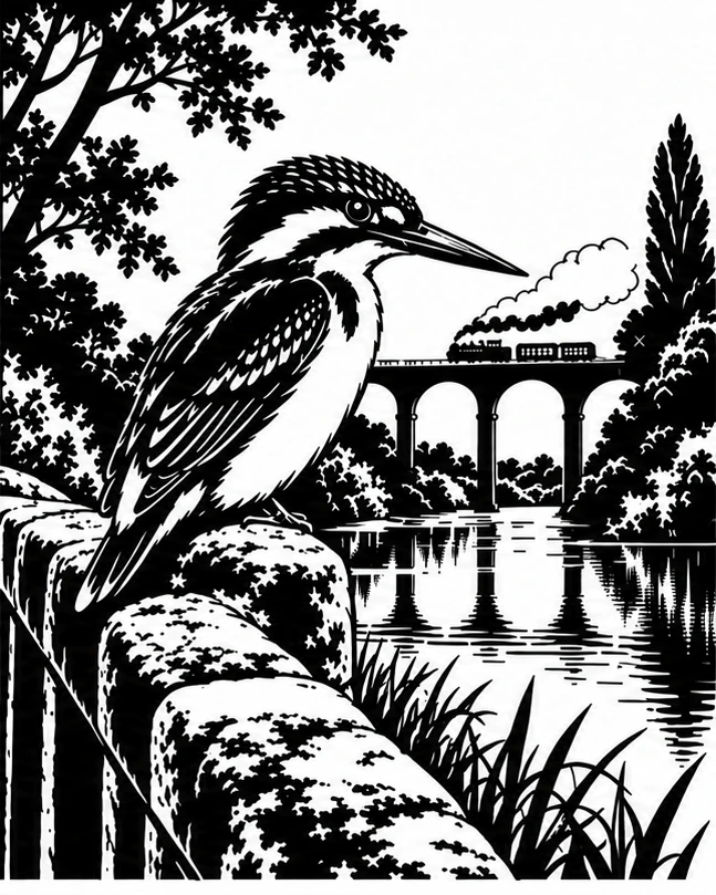 Kingfisher by the viaduct: the matching finished black and white artwork without a hand