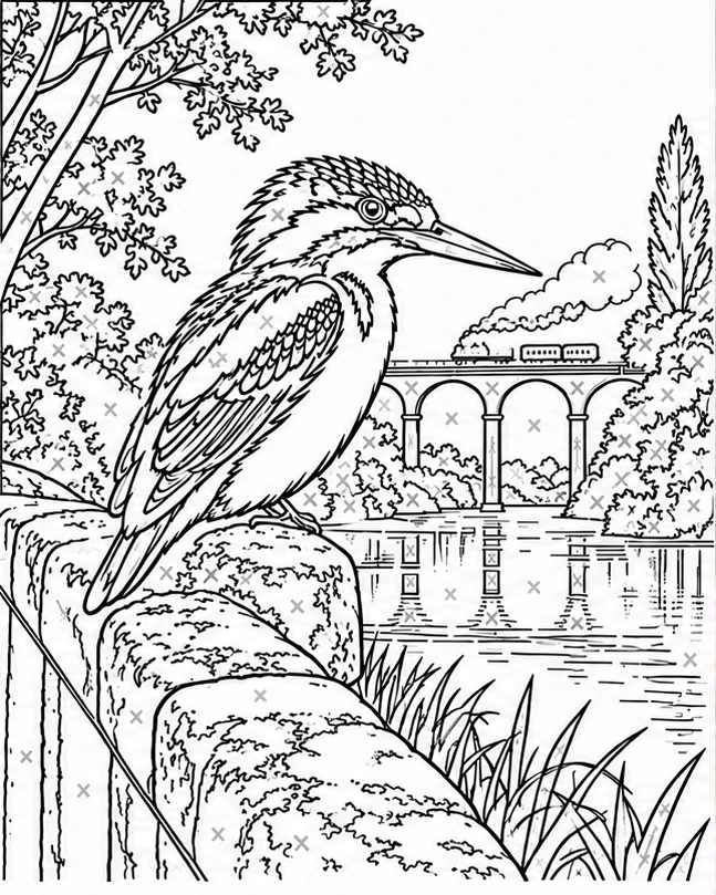 Kingfisher by the viaduct: empty upright line drawing without a hand