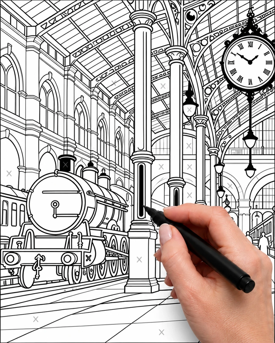 Beneath the station clock: the same upright drawing partly filled with black ink, with a hand holding a pen