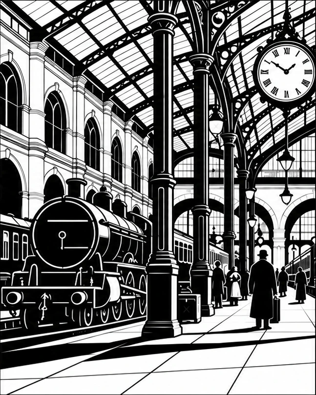 Beneath the station clock: the matching finished black and white artwork without a hand
