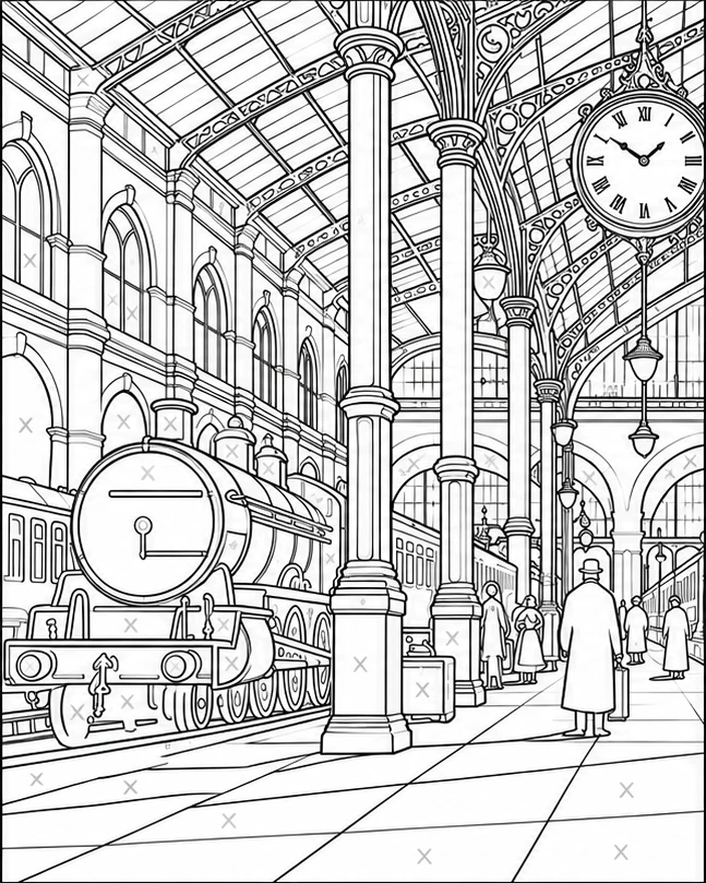 Beneath the station clock: empty upright line drawing without a hand