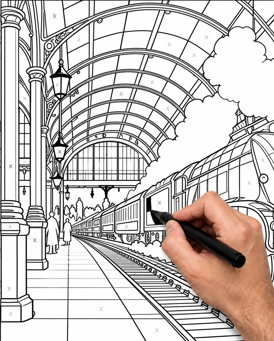 Steam in the grand station: the same upright drawing partly filled with black ink, with a hand holding a pen