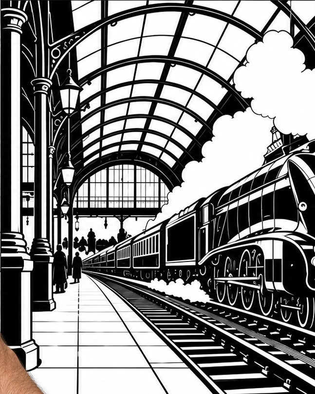 Steam in the grand station: the matching finished black and white artwork without a hand
