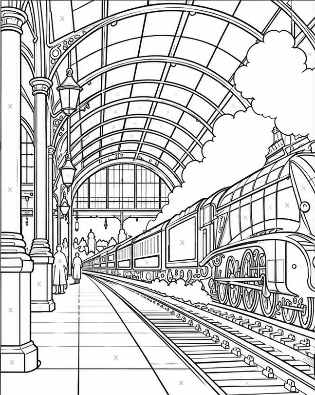 Steam in the grand station: empty upright line drawing without a hand