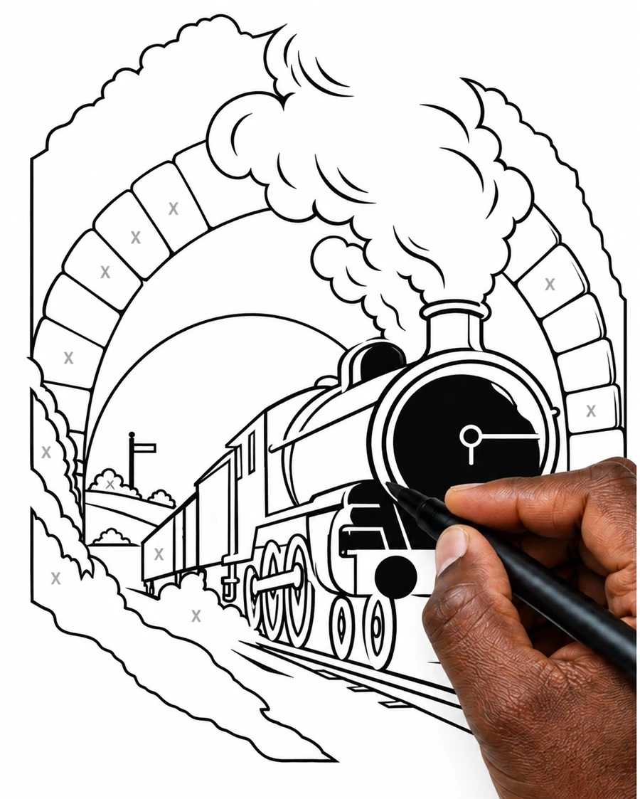 Through the tunnel: the same upright drawing partly filled with black ink, with a hand holding a pen