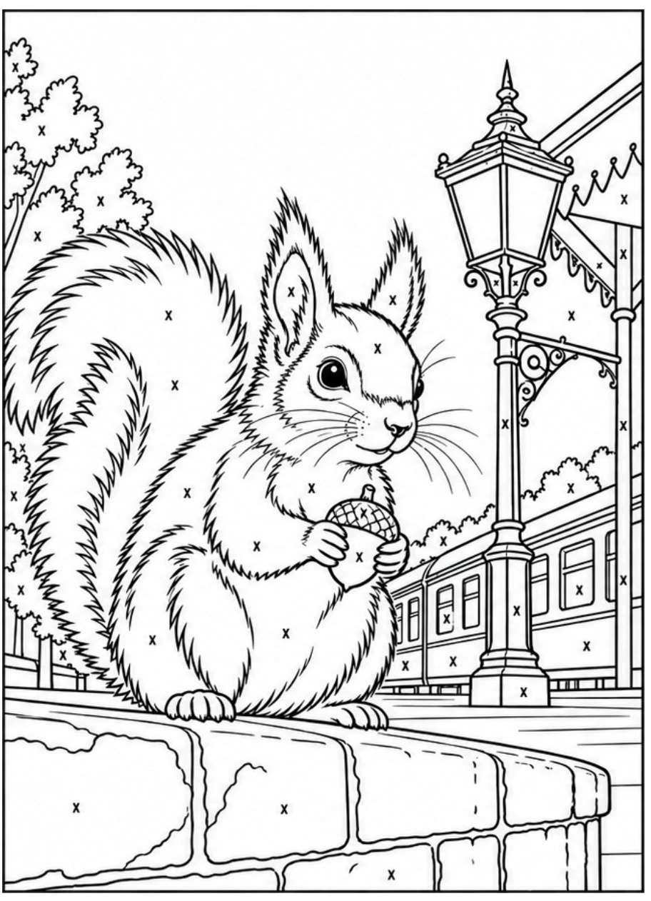 Squirrel holding an acorn beside a railway station, with areas marked X